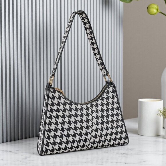 Trendy Houndstooth Shoulder Baguette Bag PU Leather Classic Black White - Picture 1 of 11